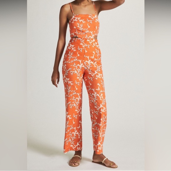 Anthropologie Pants - MAEVE anthro size 4 Rivera orange coral print cutout linen wide leg jumpsuit 4